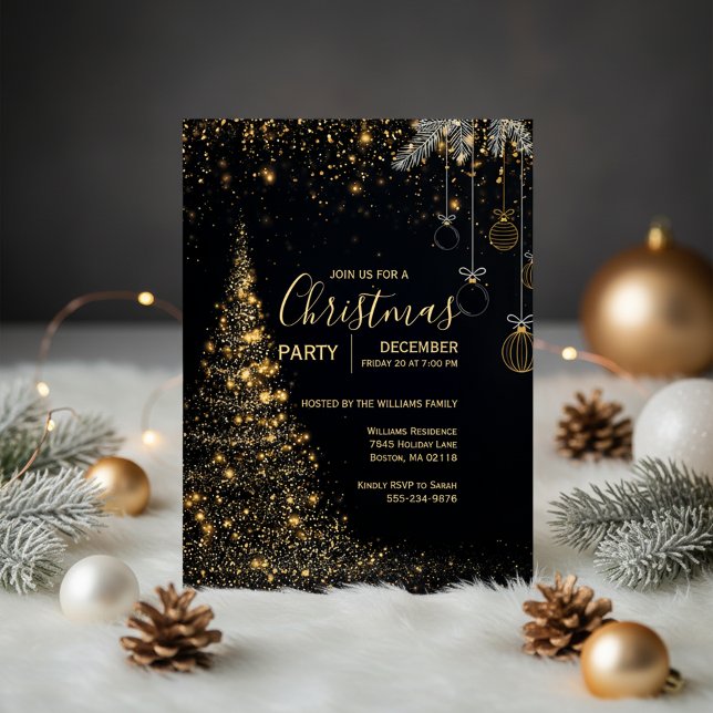 Invitación Sparkling Gold Christmas Tree Invitation (Gold Holiday Invitation)