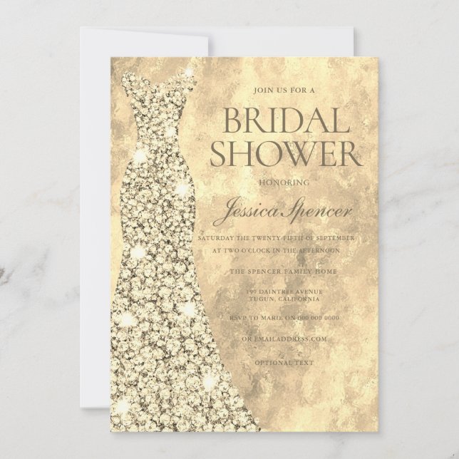 Invitación Sparkling Gold Purpurina Vestido traje de novia (Anverso)