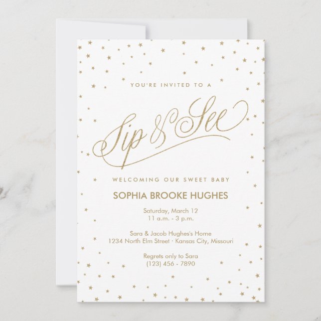 Invitación Sparkling Gold Stars Moderno Sip and See Shower (Anverso)