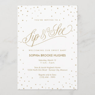 Invitación Sparkling Gold Stars Moderno Sip and See Shower