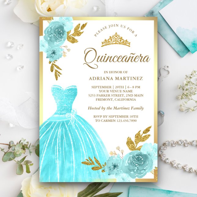 Invitación Sparkling Gown Aqua Blue Floral Gold Quinceanera (Subido por el creador)