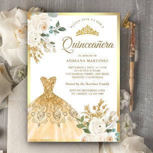 Invitación Sparkling Gown Marfil Floral Gold Quinceanera