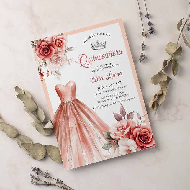 Invitación Sparkling Gown Rubor Floral Quinceanera Rosa Gold (Subido por el creador)