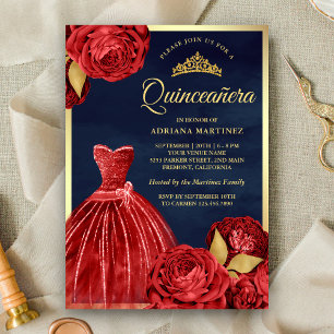 Invitación Sparkling Guata Roses Rojos Naval Oro Quinceanera