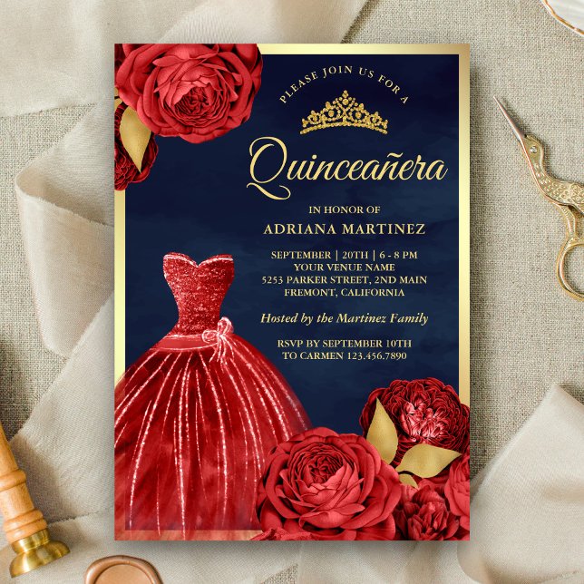 Invitación Sparkling Guata Roses Rojos Naval Oro Quinceanera (Subido por el creador)