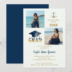Invitación Sparkling Navy Gold Law Graduation 2-Photo