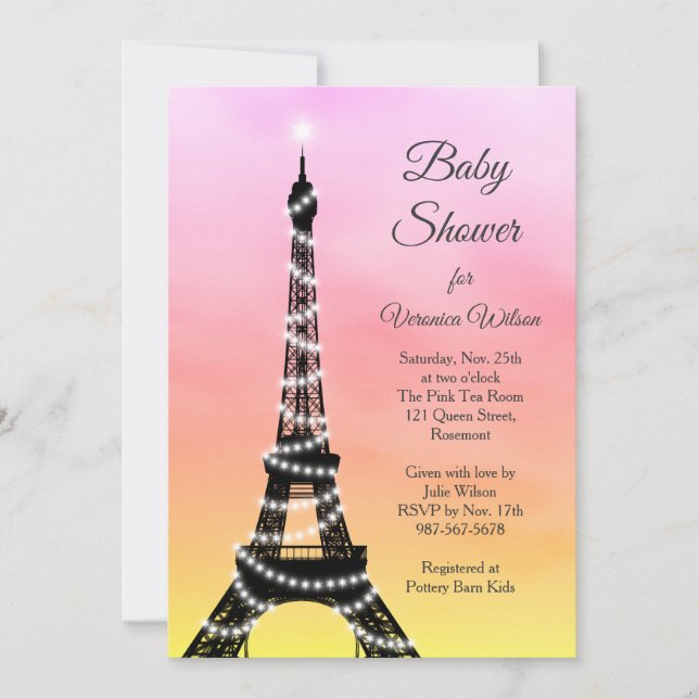 Invitación Sparkling Parisian Baby Shower Invitar rosa/amaril (Anverso)