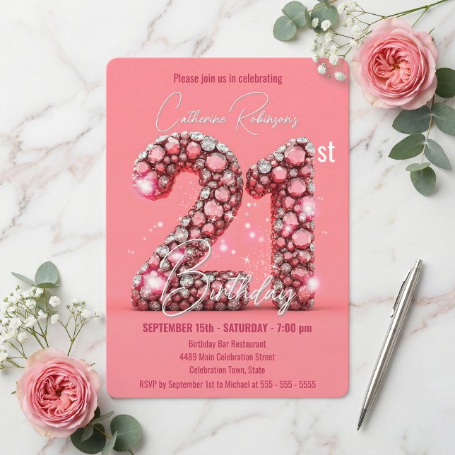 Invitación Sparkling Pink and Silver Gemstones 21st Birthday (Subido por el creador)