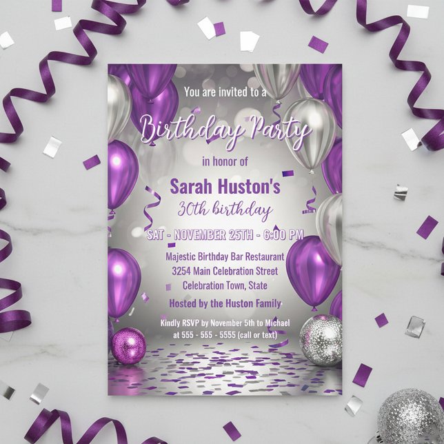 Invitación Sparkling Purple and Silver 30th Birthday Party (Subido por el creador)