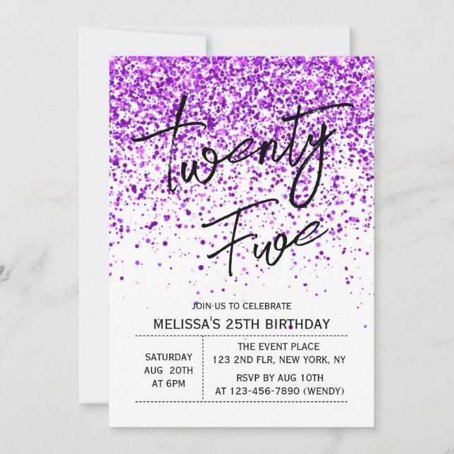 Invitación Sparkling Purple Purpurina White Cualquier Cumplea (Anverso)