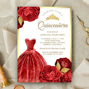 Invitación Sparkling Red Roses Gold Quinceanera