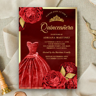 Invitación Sparkling Red Roses Maroon Gold Quinceanera