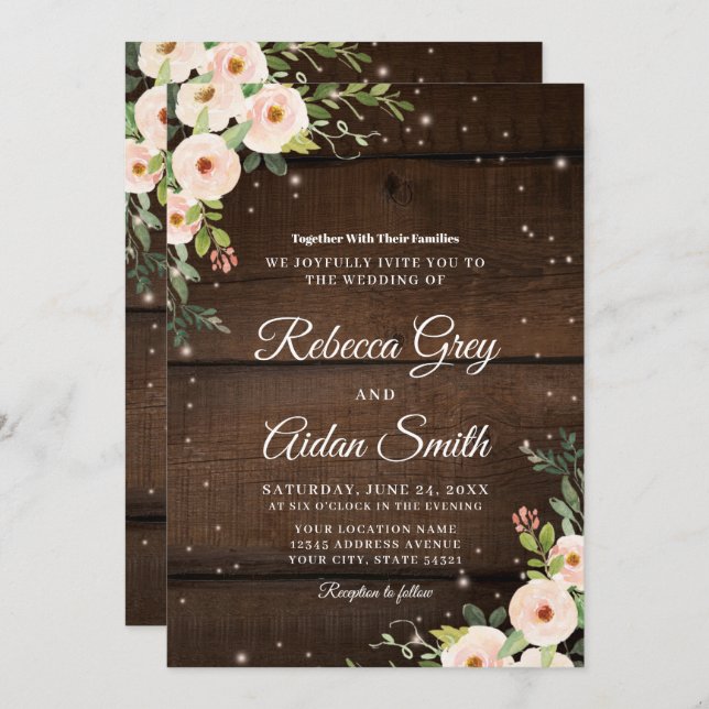 Invitación Sparkling rústico florido Boda de madera (Anverso / Reverso)