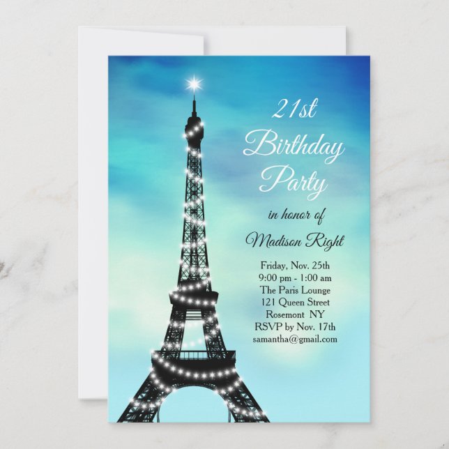 Invitación Sparkling Torre Eiffel 21ª Turquesa de cumpleaños (Anverso)