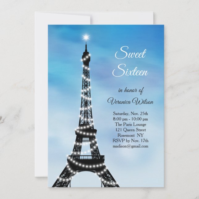 Invitación Sparkling Torre Eiffel Dulce Dieciséis Invitados A (Anverso)