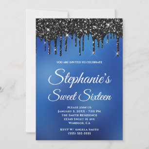 Invitación Sparkly Black Purpurina Blue Ombre Sweet 16