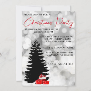 Invitación Sparkly de plata, árbol negro de Navidad y regalos