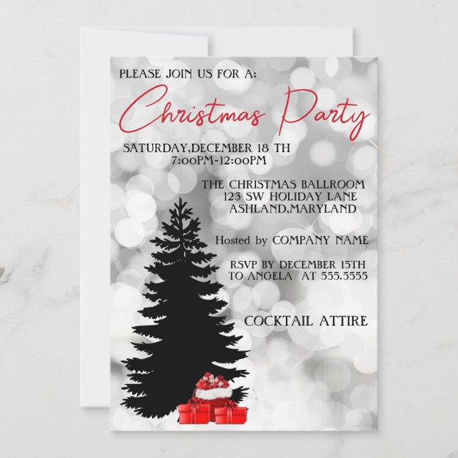 Invitación Sparkly de plata, árbol negro de Navidad y regalos (Anverso)