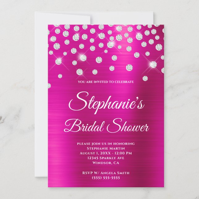 Invitación Sparkly Diamond Hot Pink Satin Relieve metalizado  (Anverso)