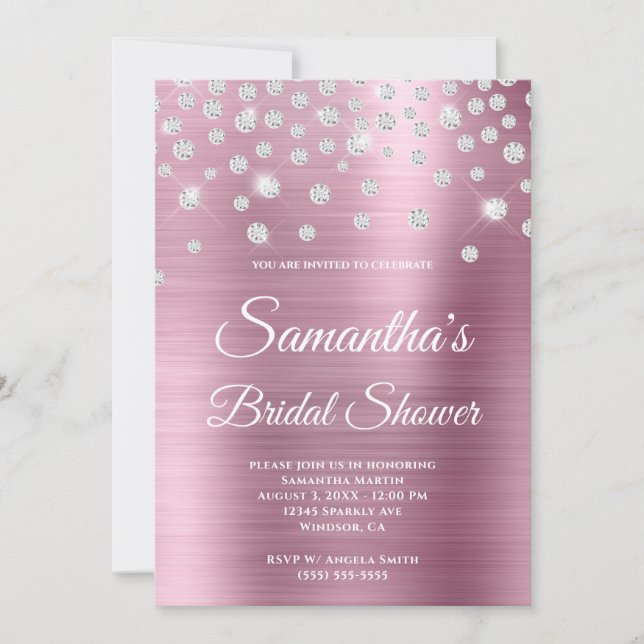 Invitación Sparkly Diamond Relieve metalizado satinado rosado (Anverso)