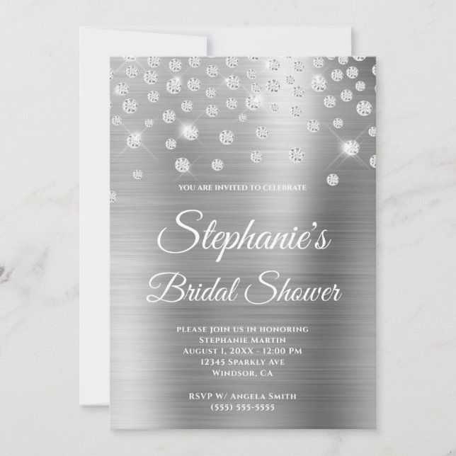 Invitación Sparkly Diamond Silver Satin Relieve metalizado Br (Anverso)
