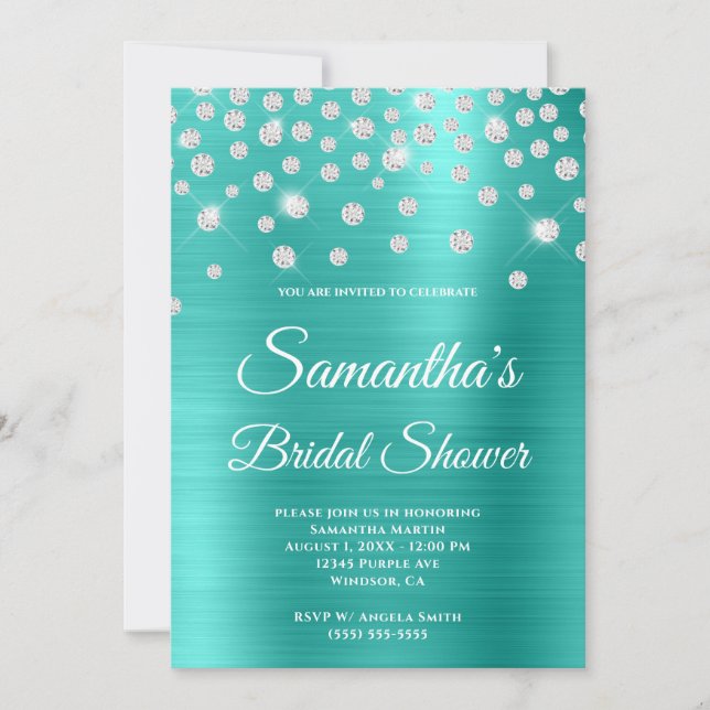 Invitación Sparkly Diamond Turquoise Satin Relieve metalizado (Anverso)