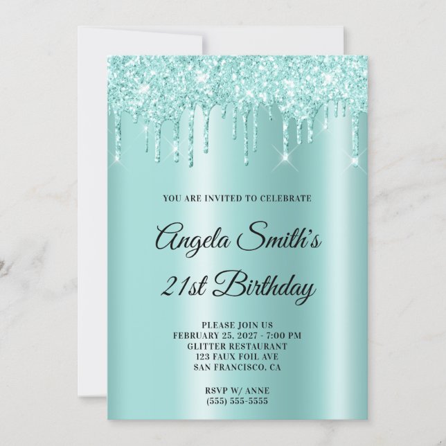 Invitación Sparkly Glittery Drips Light Teal Ombre (Anverso)