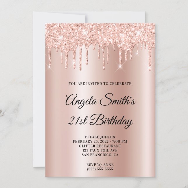 Invitación Sparkly Glittery Drips Rose Gold Ombre (Anverso)