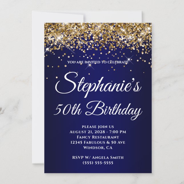 Invitación Sparkly Gold Glitter Navy Gradient 50th Birthday (Anverso)