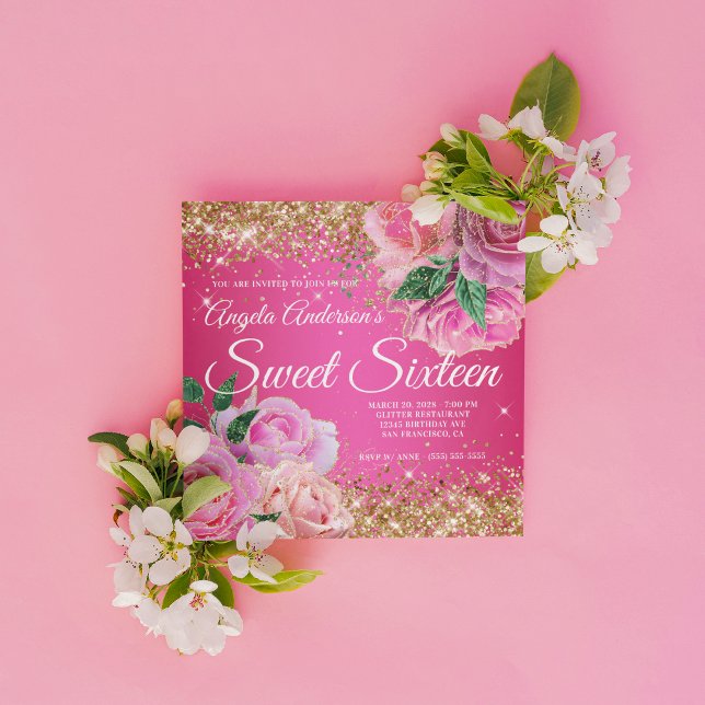 Invitación Sparkly Gold Glitter Rosa Glam Sweet 16 (Create your own Sweet 16 birthday invitation for her.)