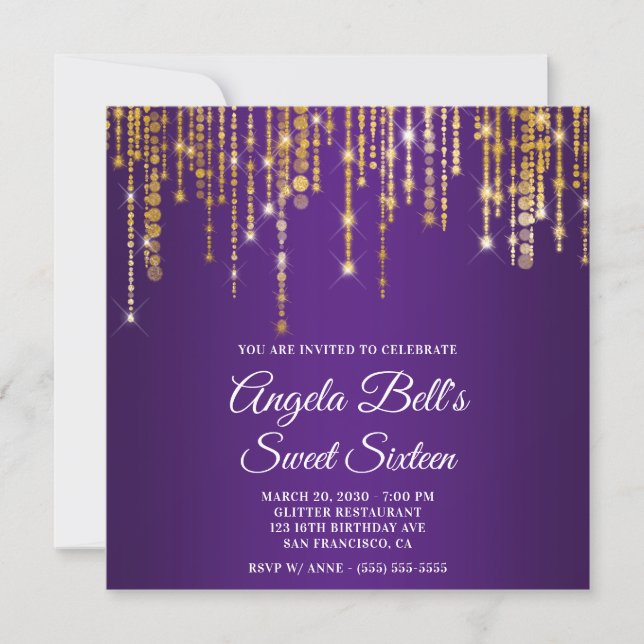 Invitación Sparkly Gold Lights Royal Purple Sweet Sixteen (Anverso)