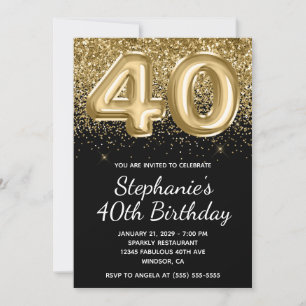 Invitación Sparkly Gold Purpurina Balón negro 40 cumpleaños