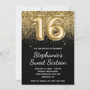 Invitación Sparkly Gold Purpurina Black Balloon Sweteen