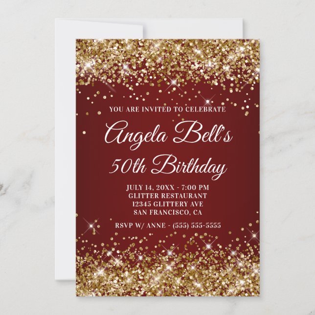 Invitación Sparkly Gold Purpurina Burgundy Ombre 50 cumpleaño (Anverso)