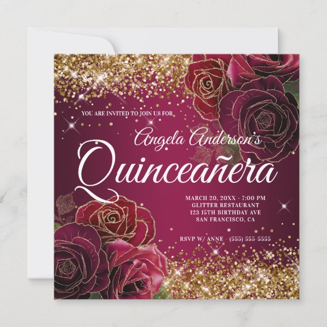 Invitación Sparkly Gold Purpurina Burgundy Red Rose Quinceañe (Anverso)