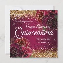 Sparkly Gold Purpurina Burgundy Red Rose Quinceañe