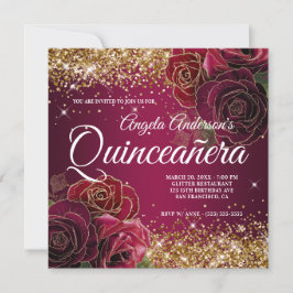 Invitación Sparkly Gold Purpurina Burgundy Red Rose Quinceañe