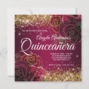 Invitación Sparkly Gold Purpurina Burgundy Red Rose Quinceañe