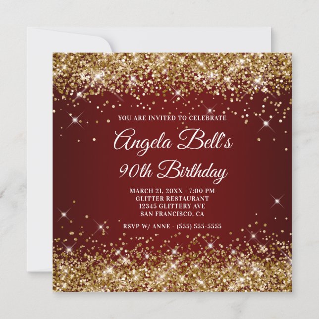 Invitación Sparkly Gold Purpurina Dark Red 90 cumpleaños (Anverso)