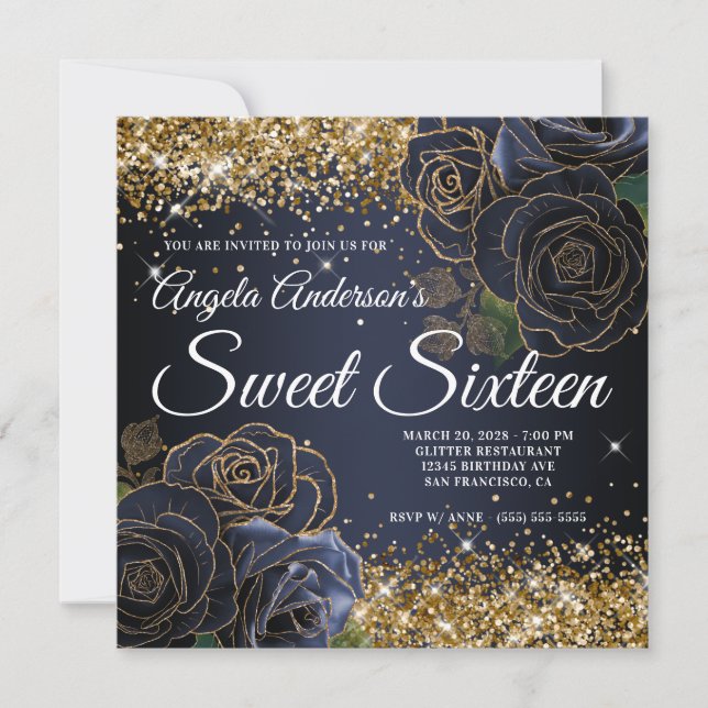 Invitación Sparkly Gold Purpurina Navy Rosa azul dulce diecis (Anverso)