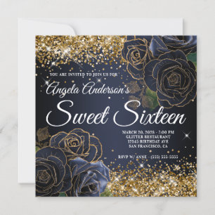 Invitación Sparkly Gold Purpurina Navy Rosa azul dulce diecis