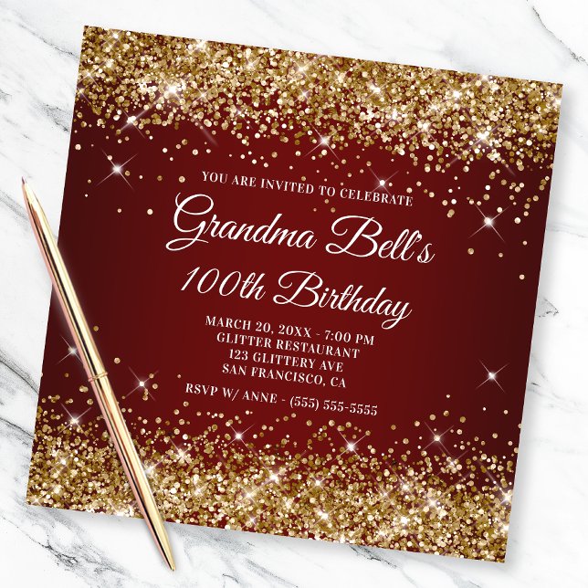 Invitación Sparkly Gold Purpurina Ombre rojo oscuro 100 cumpl (Subido por el creador)