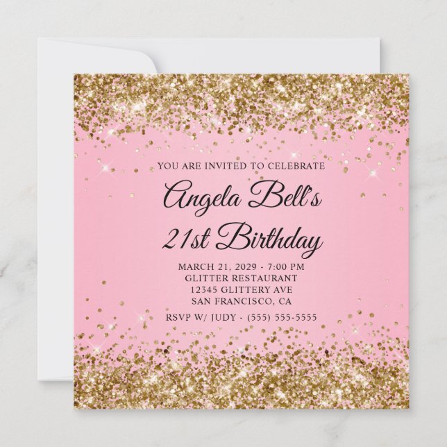 Invitación Sparkly Gold Purpurina Pink 21 cumpleaños (Anverso)