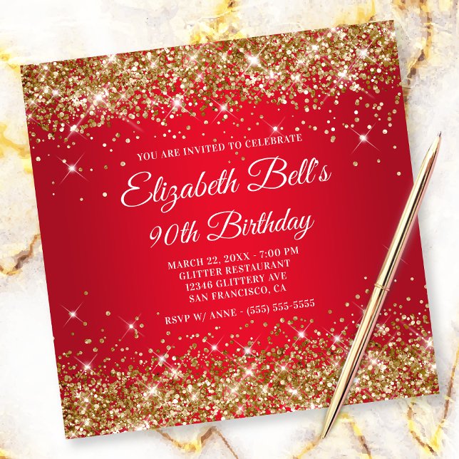Invitación Sparkly Gold Purpurina Red Ombre 90 cumpleaños (Subido por el creador)