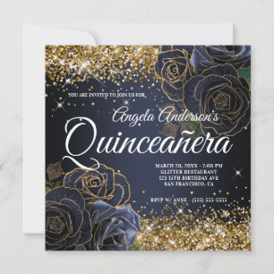 Invitación Sparkly Gold Purpurina Rosa azul Quinceañera