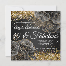 Invitación Sparkly Gold Purpurina Rosa negro Glam 40 y fabulo