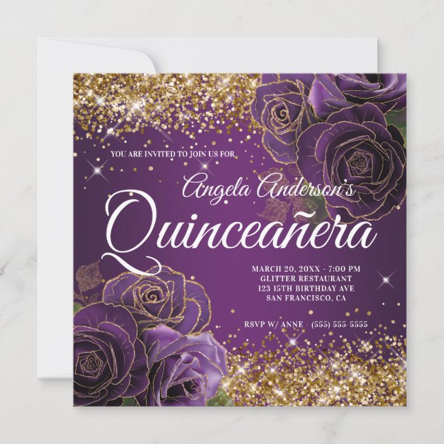 Invitación Sparkly Gold Purpurina Rosa púrpura Quinceañera (Anverso)
