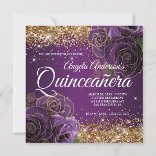 Invitación Sparkly Gold Purpurina Rosa púrpura Quinceañera