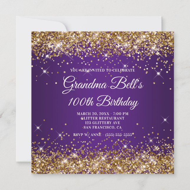 Invitación Sparkly Gold Purpurina Royal Purple 100 cumpleaños (Anverso)