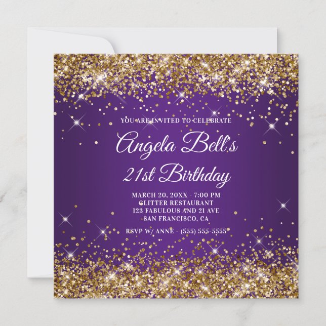 Invitación Sparkly Gold Purpurina Royal Purple 21 cumpleaños (Anverso)